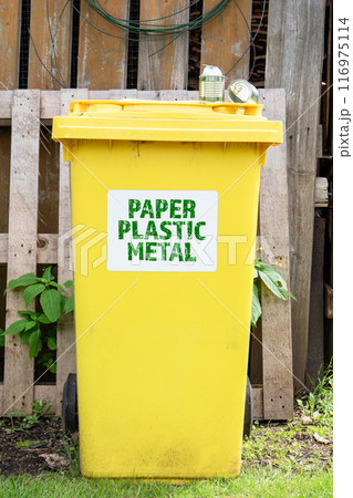 Paper Plastic Metal. Yellow waste sorting container. Terms and duty 116975114