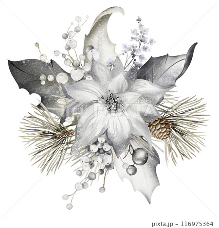 Watercolor Christmas Bouquet on isolated background. Vintage holiday decoration for cards. Holly leaf, pine cone, pine branch and berries make up a floral arrangement. New year garland for posters. 116975364