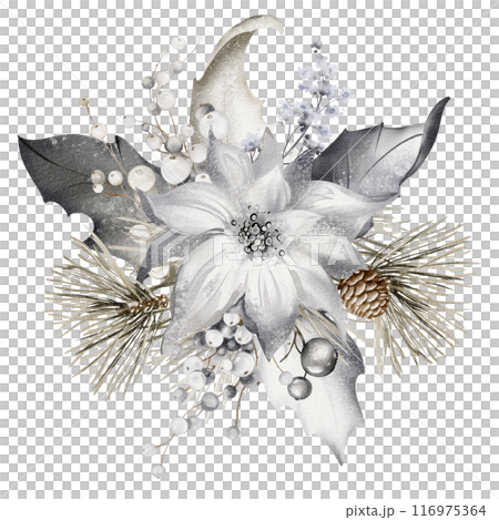 Watercolor Christmas Bouquet on isolated background. Vintage holiday decoration for cards. Holly leaf, pine cone, pine branch and berries make up a floral arrangement. New year garland for posters. 116975364
