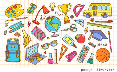 Vector school themed set of illustrations with variety of educational tools on grid paper background 116975447