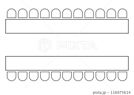 Seats arrangement on banquet or wedding event in restaurant or cafe. Cafeteria or canteen seating interior plan. Top view. Schematic tables and chairs icons set. Vector outline illustration Seats arrangement on banquet or wedding event in restaurant or cafe. Cafeteria or canteen seating interior plan. Top view. Schematic tables and chairs icons set. Vector outline illustration 116975614