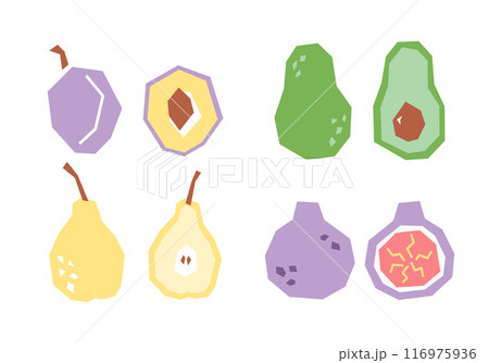 Set of cartoon plum, avocado, pear, fig slice isolated on white. Geometric fruits collection elements for logo, print, design. Vector illustration Set of cartoon plum, avocado, pear, fig slice isolated on white. Geometric fruits collection elements for logo, print, design. Vector illustration 116975936