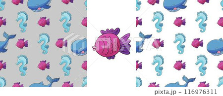 Set Creative marine seamless pattern. Pattern in hand draw style, created for fabrics 116976311