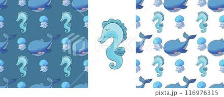 Set Creative marine seamless pattern. Pattern in hand draw style, created for fabrics 116976315