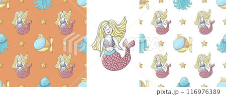 Set Creative marine seamless pattern. Pattern in hand draw style, created for fabrics Set Creative marine seamless pattern. Pattern in hand draw style, created for fabrics 116976389