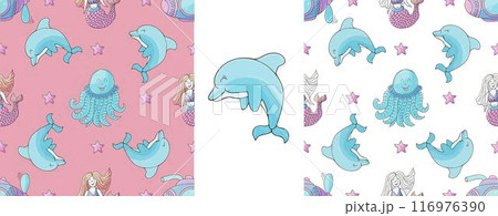 Set Creative marine seamless pattern. Pattern in hand draw style, created for fabrics Set Creative marine seamless pattern. Pattern in hand draw style, created for fabrics 116976390