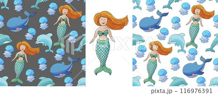 Set Creative marine seamless pattern. Pattern in hand draw style, created for fabrics Set Creative marine seamless pattern. Pattern in hand draw style, created for fabrics 116976391