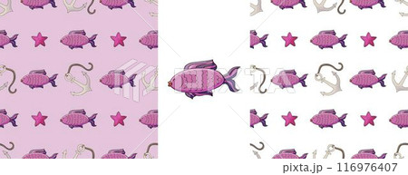 Set Creative marine seamless pattern. Pattern in hand draw style, created for fabrics 116976407