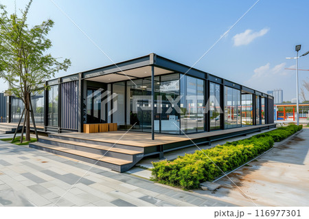 A large building with a lot of glass windows and a wooden deck A large building with a lot of glass windows and a wooden deck 116977301