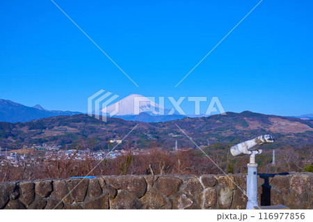 春の神奈川県中郡二宮町の吾妻山公園展望台から西側の眺望(小田原市,富士山,足柄上郡,箱根の山々など) 116977856
