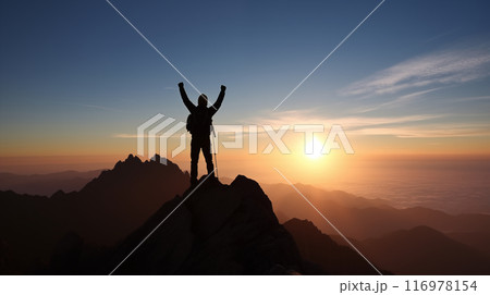 美しい日の出が輝く山頂でガッツポーズをする登山者をリアルに描いたAI生成画像 116978154