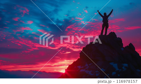 美しい日の出が輝く山頂でガッツポーズをする登山者をリアルに描いたAI生成画像 116978157