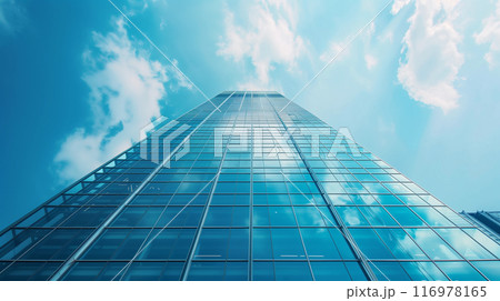 青空に伸びる近代的な高層ビルを下から見上げるアングルでリアルに描いたAI生成画像 116978165