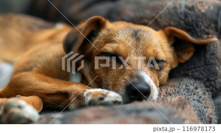 のんびりリラックスして眠る犬の顔をクローズアップでリアルに描いたAI生成画像 116978173