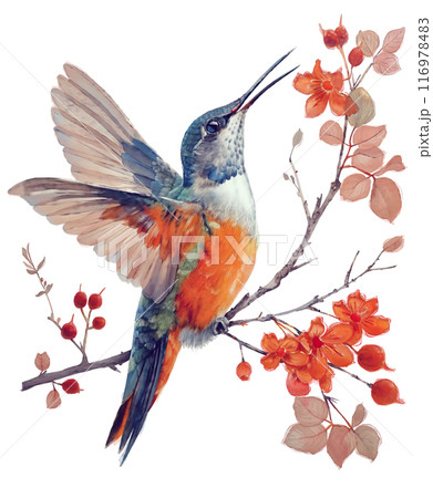 Digital Watercolor Painting of Hummingbird and flowers, isolated on white. Digital Watercolor Painting of Hummingbird and flowers, isolated on white. 116978483
