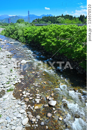 清流魚野川 立柄橋から上流 山・川の風景 新潟県湯沢町 清流魚野川 立柄橋から上流 山・川の風景 新潟県湯沢町 116978510