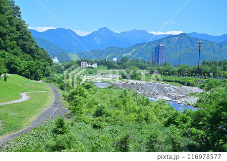 清流魚野川　立柄橋から上流　山・川の風景　新潟県湯沢町　 116978577