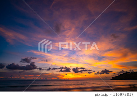 Nature landscape beautiful Light Sunset or sunrise over sea,Colorful clouds dramatic sky seascape,Amazing clouds in sunset sky background 116978817