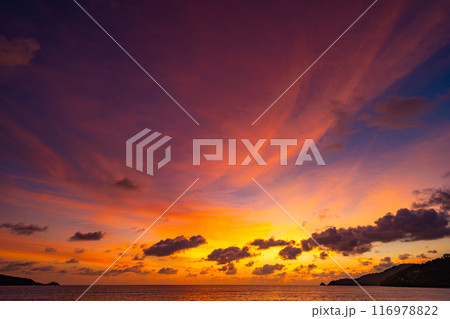 Nature landscape beautiful Light Sunset or sunrise over sea,Colorful clouds dramatic sky seascape,Amazing clouds in sunset sky background 116978822