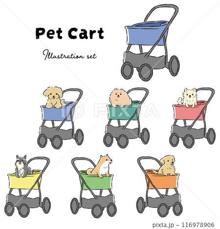 カラフルなペットカートと犬のイラストセット 116978906