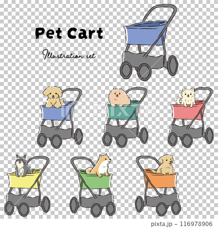 Colorful pet cart and dog illustration set Colorful pet cart and dog illustration set 116978906