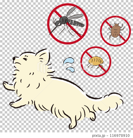 犬と害虫（蚊、ノミ、ダニ）のイラストセット 116978910