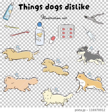 Illustration set of a dog with a troubled expression and things he doesn't like 116978912