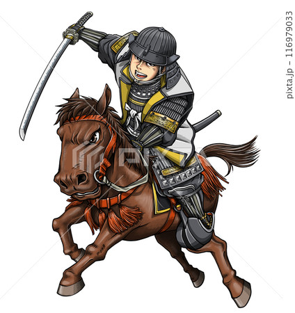 甲冑を着て騎馬で突撃する戦国武将 甲冑を着て騎馬で突撃する戦国武将 116979033