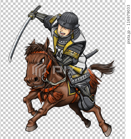 甲冑を着て騎馬で突撃する戦国武将 甲冑を着て騎馬で突撃する戦国武将 116979033