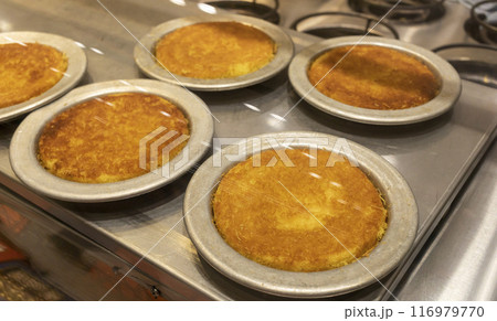 Knafeh Food, Sweet Cheese Pastry Made With Kadaifi, Traditional Arabic Dessert. Delicious Turkish Delight Kunefe On Metal Plate Behind Glass Case. Selective Focus, Horizontal Plane, Knafeh Food, Sweet Cheese Pastry Made With Kadaifi, Traditional Arabic Dessert. Delicious Turkish Delight Kunefe On Metal Plate Behind Glass Case. Selective Focus, Horizontal Plane, 116979770