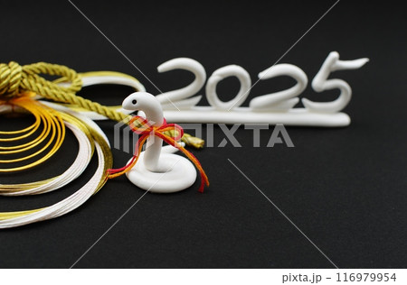 紙粘土のへびと水引飾りの年賀素材 116979954
