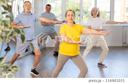 Cheerful elderly woman learning dynamic dances at group choreography lesson 116981031
