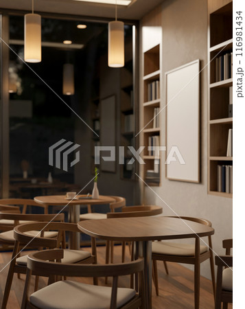 The interior design of a contemporary Scandinavian cafe or restaurant seating area at night. 116981434