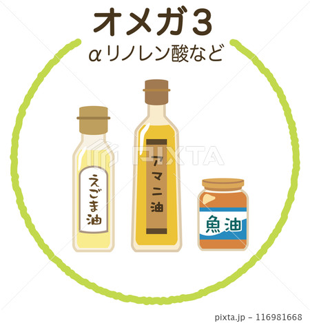 いろいろな食用油　必須脂肪酸　オメガ6　オメガ9　オメガ3 116981668