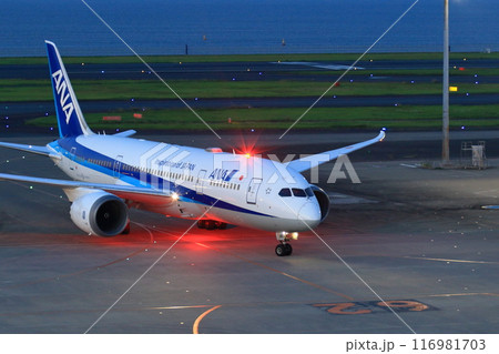 夜の空港に到着する旅客機  夜の空港に到着する旅客機  116981703