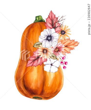 Watercolor pumpkin with hand drawn flowers Watercolor pumpkin with hand drawn flowers 116982647