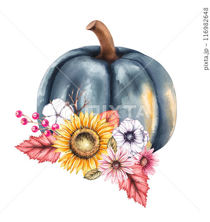 Watercolor pumpkin with hand drawn flowers 116982648