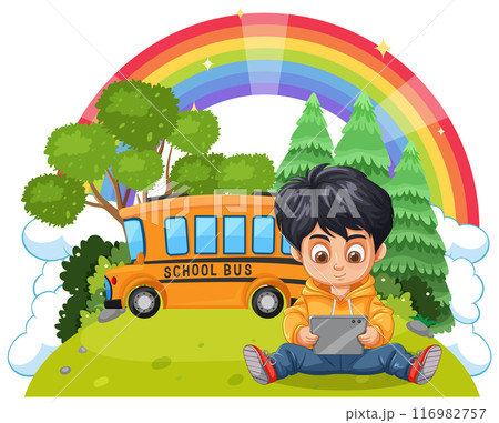 Boy with Tablet Under Rainbow Boy with Tablet Under Rainbow 116982757