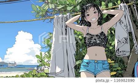 沖縄の青い海と空とかわいい少女