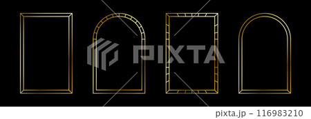 Thin golden frame set. Gold rectangle and arch border collection in art deco style. Thin linear shining shape bundle. Metal glowing shiny boarder element pack for photo, cadre, poster, card. Vector 116983210