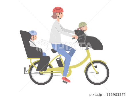 電動自転車に乗る女性と子供（前後乗せ） 116983373