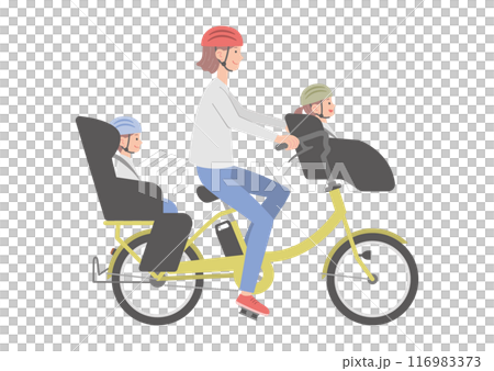 Woman and child riding electric bicycle (front and back) 116983373