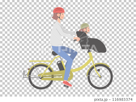 電動自転車に乗る女性と子供（前乗せ） 116983374