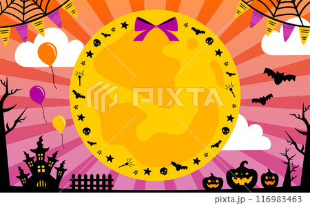 月明かりの城とハロウィンかぼちゃのシルエットフレームの円形囲みのタイトルバック背景イラスト素材 月明かりの城とハロウィンかぼちゃのシルエットフレームの円形囲みのタイトルバック背景イラスト素材 116983463