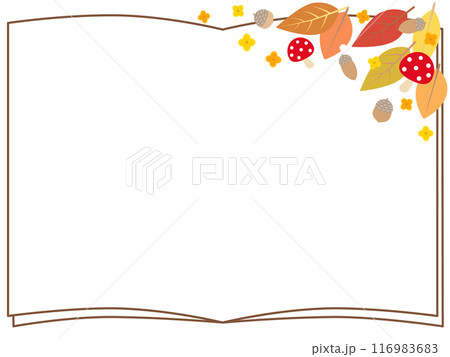 秋にぴったりな落ち葉をちりばめた本のフレーム背景イラスト 116983683
