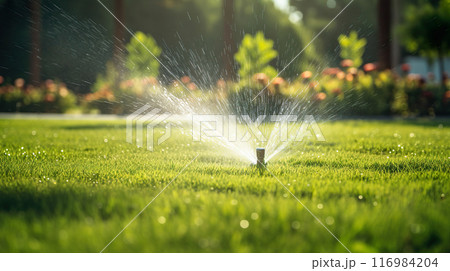 芝生に散水するスプリンクラー 116984204