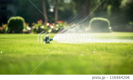 芝生に散水するスプリンクラー 116984206