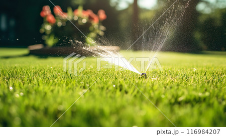 芝生に散水するスプリンクラー 116984207