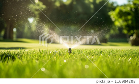 芝生に散水するスプリンクラー 116984208