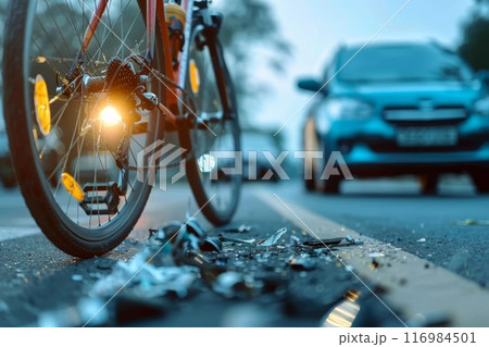 Bicycle Accident with Debris on Road at Dusk 116984501